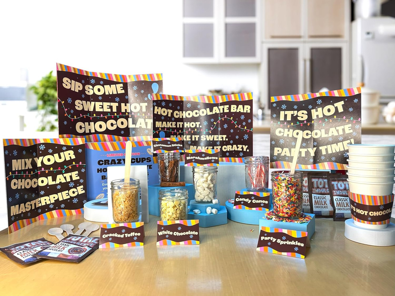 Crazy Cups Hot Cocoa Bar Supplies Kit, Limited Edition Hot Chocolate Bar  Decor Set, Includes Hot Cocoa Bar Signs, Hot Cups With Sleeves, Hot