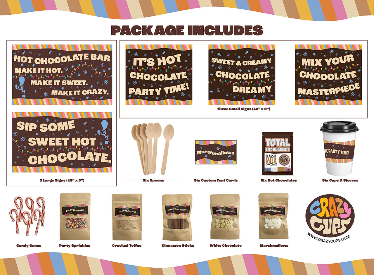 Crazy Cups Hot Cocoa Bar Supplies Kit, Limited Edition Hot Chocolate Bar  Decor Set, Includes Hot Cocoa Bar Signs, Hot Cups With Sleeves, Hot  Chocolate, Table Tents, Spoons, 6 Servings 