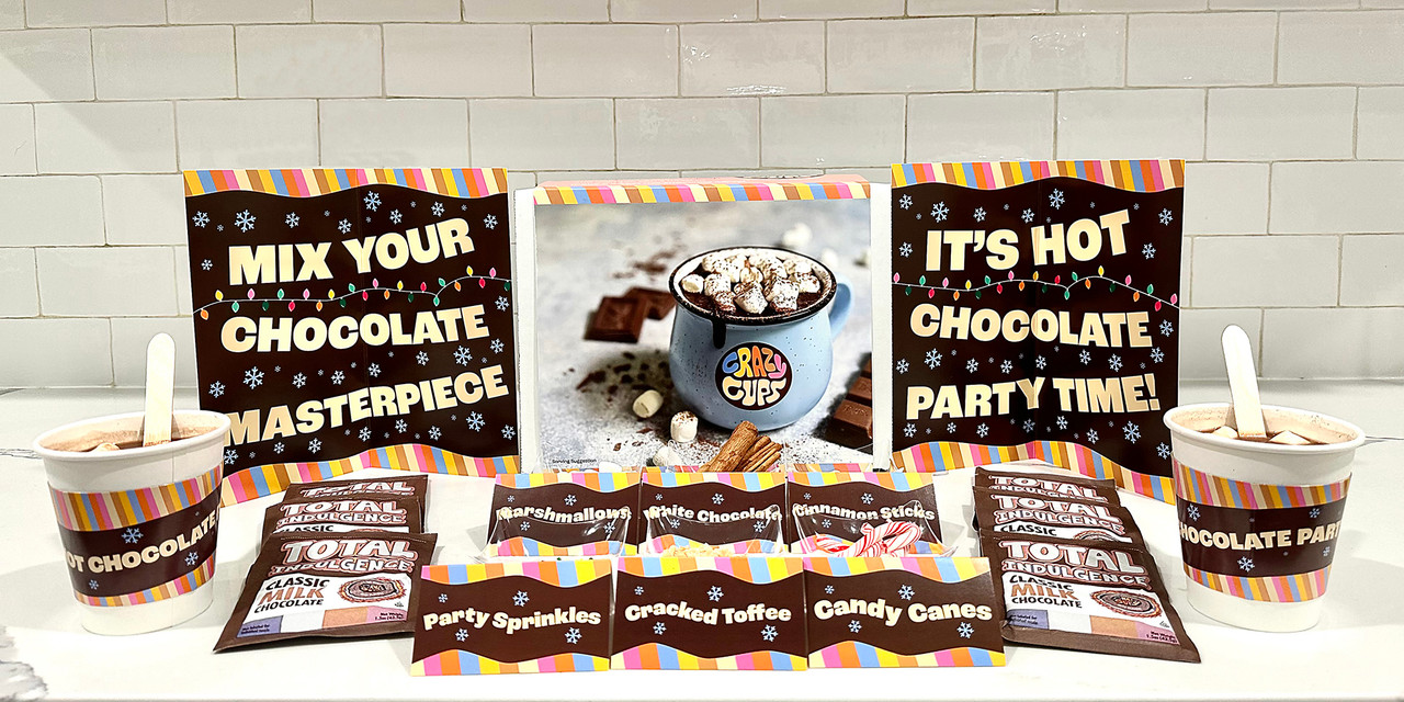 Crazy Cups Hot Cocoa Bar Supplies Kit, Limited Edition Hot Chocolate Bar  Decor Set, Includes Hot Cocoa Bar Signs, Hot Cups With Sleeves, Hot