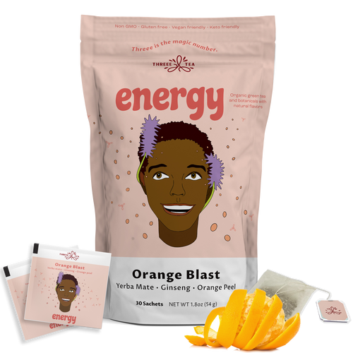 THREEE Energy Tea - Orange Blast Flavor, Natural Green Tea, 30 Tea Bags