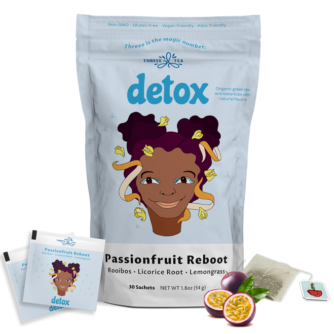 THREEE Detox Tea for Body Cleanse, Passionfruit Flavored Tea Detox, 30 Tea Bags