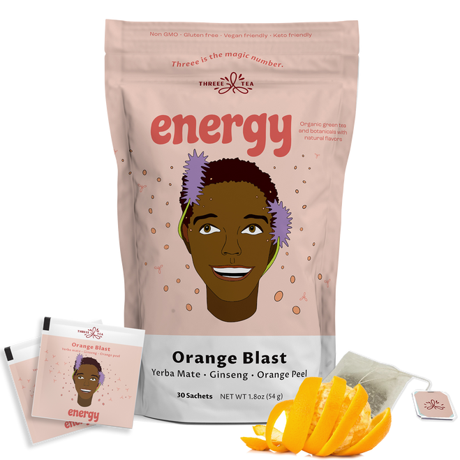 THREEE Energy Tea - Orange Blast Flavor, Natural Green Tea, 30 Tea Bags