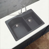 Transolid Aversa 33in x 22in silQ Granite Drop-in Double Bowl Kitchen Sink with 4 BACD Faucet Holes, In Grey