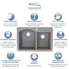 Transolid Aversa 33in x 22in silQ Granite Drop-in Double Bowl Kitchen Sink with 4 BACD Faucet Holes, In Grey
