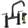 Bridge Faucet with Angled Spout and Knurled Handle in Matte Black/Luxe Gold Finish Bridge Faucet with Angled Spout and Knurled Handle in Matte Black/Luxe Gold Finish