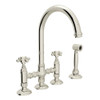 Deck Mount C-Spout 3 Leg Bridge Kitchen Faucet With Sidespray And Cross Handle In Polished Nickel