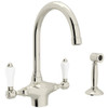 Single Hole C-Spout Kitchen Faucet With Porcelain Lever Sidespray In Polished Nickel