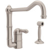Single Hole Column Spout Kitchen Faucet With 11" Sidespray And Extended Spout With Metal Lever Handle In Satin Nickel