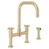 Rowe Holborn U-Spout Bridge Kitchen Faucet With Sidespray And U Spout Cross Handle In English Gold