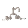 Wall Mount Bridge Lavatory Faucet with Porcelain Levers Pop-Up and Column Spout in Satin Nickel