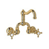 Wall Mount Bridge Lavatory Faucet with Cross Handles Pop-Up and Column Spout in Italian Brass