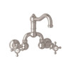 Wall Mount Bridge Lavatory Faucet with Cross Handles Pop-Up and Column Spout in Satin Nickel