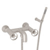 Wall Mount Exposed Tub Filler with Metal Campo Wheel Handles and Handshower in Satin Nickel
