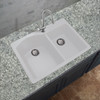 33-in x 22-in x 9.5-in silQ Granite Kitchen Sink with 1-3/4 D-Shaped Double Offset bowls, Drop-in Installation with 1 Pre-Drilled Center Faucet Hole, in White