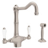 Single Hole Column Spout Kitchen Faucet With Porcelain Lever Sidespray In Satin Nickel
