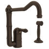 Single Hole Column Spout Kitchen Faucet With Sidespray With Metal Lever Handle In Tuscan Brass