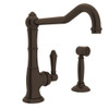Single Hole Column Spout Kitchen Faucet With Sidespray And Extended Spout With Metal Lever Handle In Tuscan Brass