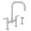 Holborn U-Spout Bridge Kitchen Faucet With Sidespray In Polished Nickel