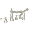 Column Spout 4-Hole Deck Mount Tub Filler with Ornate White Porcelain Lever and Handshower in Polished Nickel