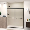 Semi-frameless bypass shower door featuring EXCLUSIVE TruMotion technology in Matte Black frame finish with smooth clear glass texture and rustic Justin handles 57-3/4-in to 59-in W x 70-in H