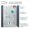 Semi-frameless bypass shower door featuring EXCLUSIVE TruMotion technology in Polished Chrome frame finish with smooth clear glass texture and rustic Justin handles 57-3/4-in to 59-in W x 76-in H