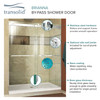 Frameless bypass shower door in brushed stainless frame finish with smooth clear glass texture and classic Riley handles 60-in W x 62-in H