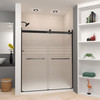 Frameless bypass shower door in matte black frame finish with frosted glass texture and classic Sabrina handles 60-in W x 70-in H