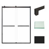 Frameless bypass shower door in matte black frame finish with smooth clear glass texture and classic Sabrina handles 60-in W x 80-in H
