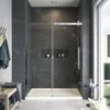 Transolid MBDT606008FL-R-BS Frameless sliding shower door with fixed panel in brushed stainless with frosted glass texture and Riley handles