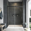 Frameless sliding shower door with fixed panel in matte black with frosted glass texture and Turin handles