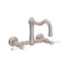 Wall Mount Column Spout Bridge Kitchen Faucet With Porcelain Lever Handle In Satin Nickel