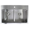 33-in x 22-in x 10-in 16 Gauge Double Equal Bowls, Stainless Steel Kitchen Sink with Low Divide, Micro Edge Dual Mount Installation, with 1 Hole