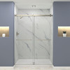 Frameless Bypass Shower Door Featuring EXCLUSIVE TruMotion Technology in a Brushed Stainless Finish with a Smooth Clear Glass Texture and Turin Handles 60-in W x 80-in H