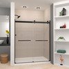 Frameless bypass shower door in matte black frame finish with smooth clear glass texture and classic Riley handles 60-in W x 70-in H