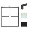 Frameless bypass shower door in matte black frame finish with smooth clear glass texture and classic Riley handles 60-in W x 70-in H