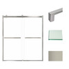 Frameless bypass shower door in brushed stainless frame finish with smooth clear glass texture and classic Sabrina handles 60-in W x 70-in H
