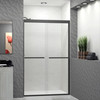 Semi-frameless bypass shower door featuring EXCLUSIVE TruMotion technology in Matte Black frame finish with smooth clear glass texture and contemporary Riley handles 45-3/4-in to 47-in W x 76-in H
