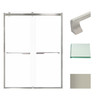 Frameless bypass shower door in brushed stainless frame finish with smooth clear glass texture and rustic Justin handles 60-in W x 80-in H