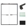 Frameless bypass shower door in matte black frame finish with smooth clear glass texture and rustic Justin handles 60-in W x 80-in H