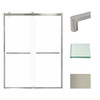Frameless bypass shower door in brushed stainless frame finish with smooth clear glass texture and classic Riley handles 60-in W x 80-in H