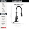 9613-BL-DST Essa 11.50-in x 4.13-in x 19.38-in Single-Handle Pull-Down Spring Kitchen Faucet, Matte Black