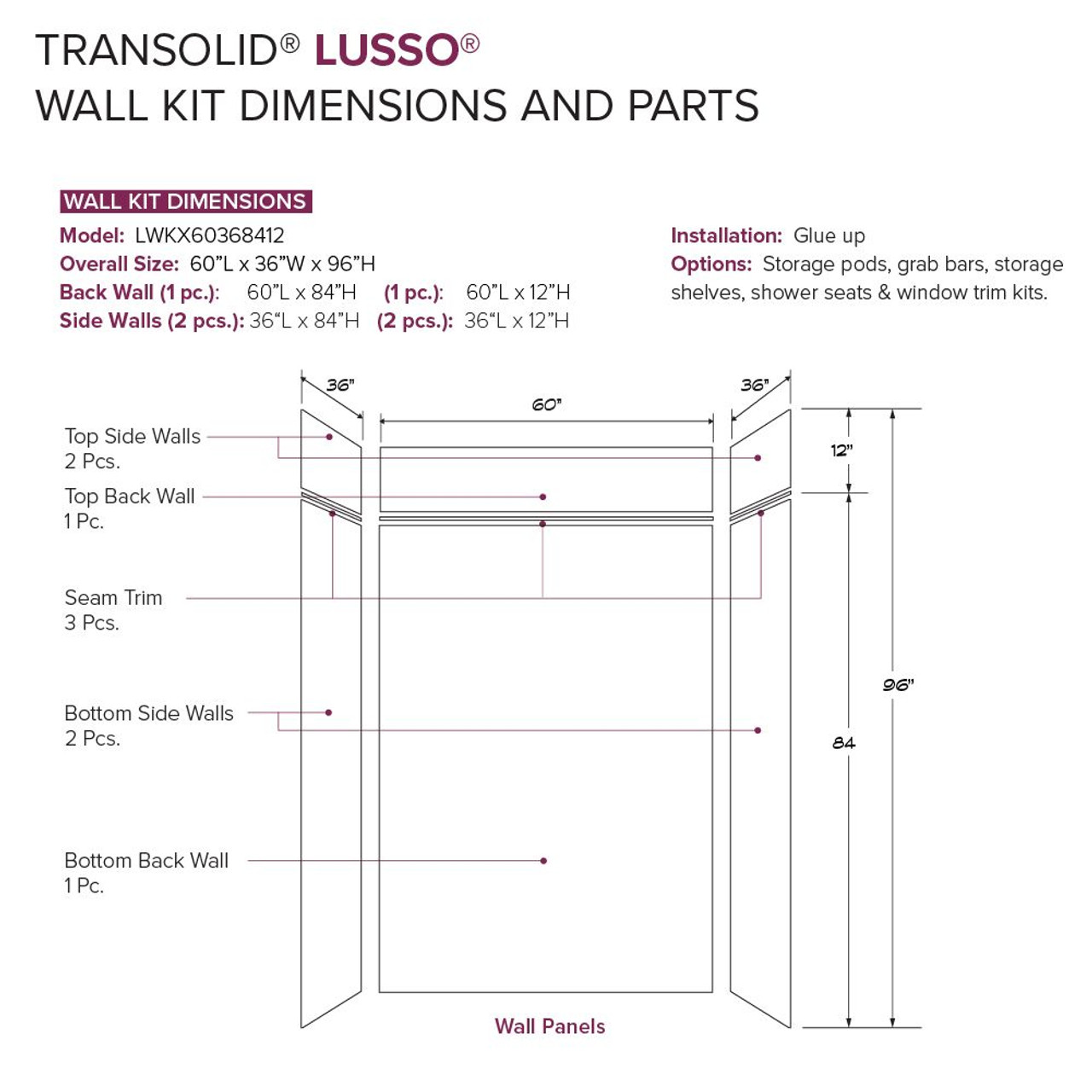 Transolid LWKX60368412-190 Lusso 60-in x 36-in x 84/12-in Glue To Wall 6-Piece Transition Shower Wall Kit, Bellanca