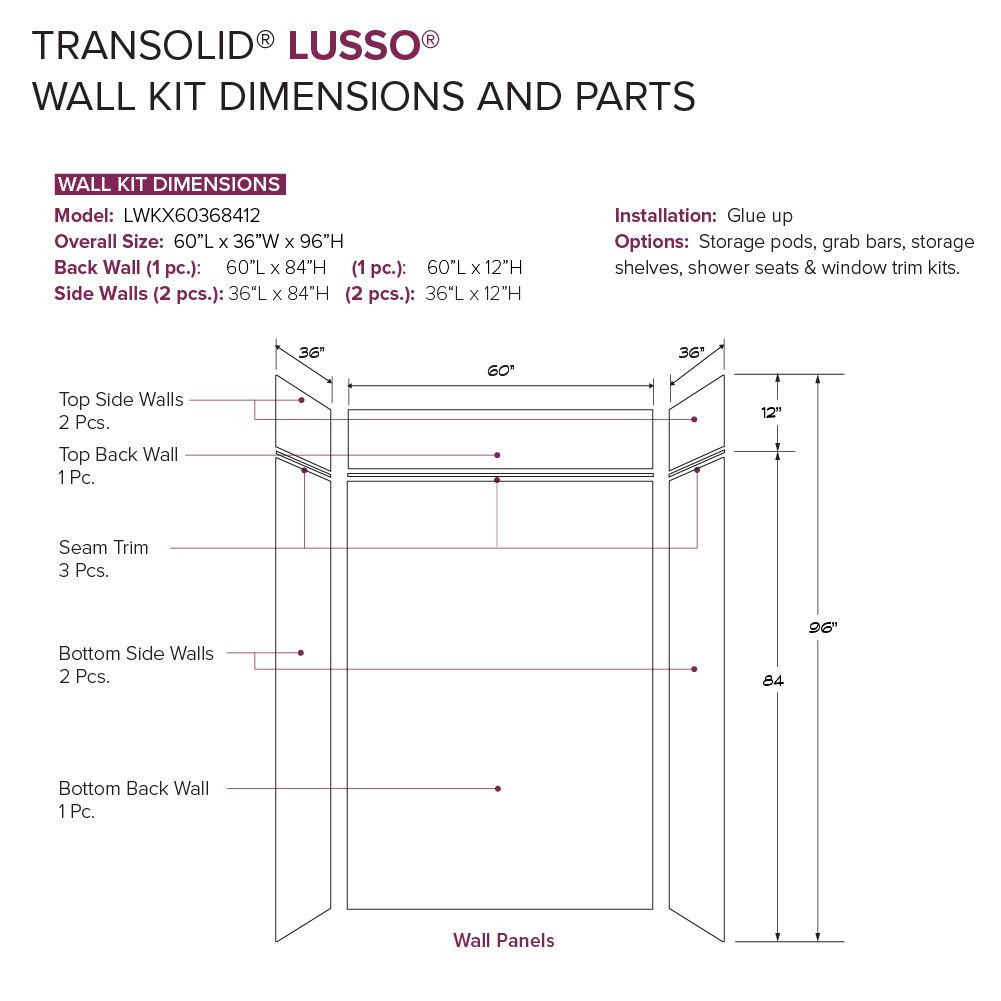 LWKX60368412-186 Lusso 60-in x 36-in x 84/12-in Glue To Wall 6-Piece Transition Shower Wall Kit, Glacier Grey