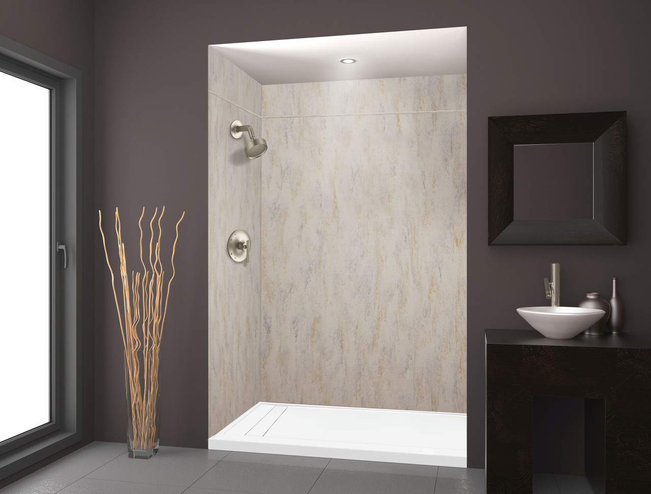 Transolid LWKX60368412-185 Lusso 60-in x 36-in x 84/12-in Glue To Wall 6-Piece Transition Shower Wall Kit, Creme Carmel