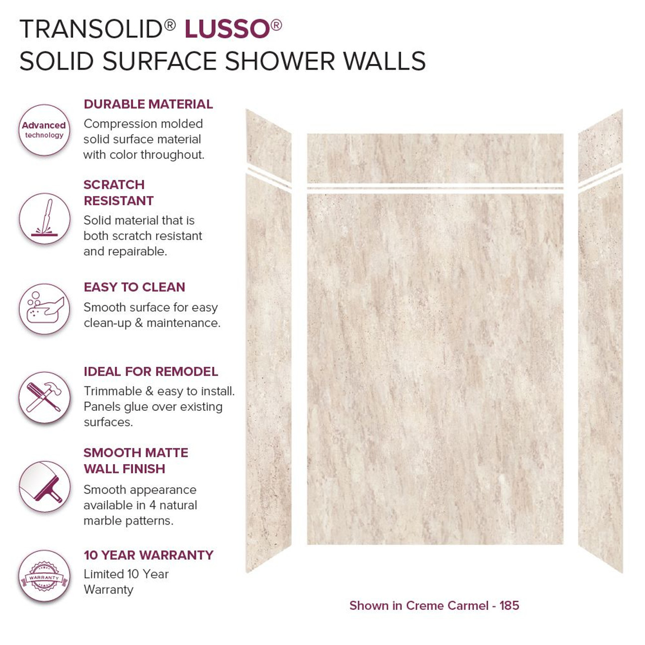 Transolid LWKX60368412-185 Lusso 60-in x 36-in x 84/12-in Glue To Wall 6-Piece Transition Shower Wall Kit, Creme Carmel