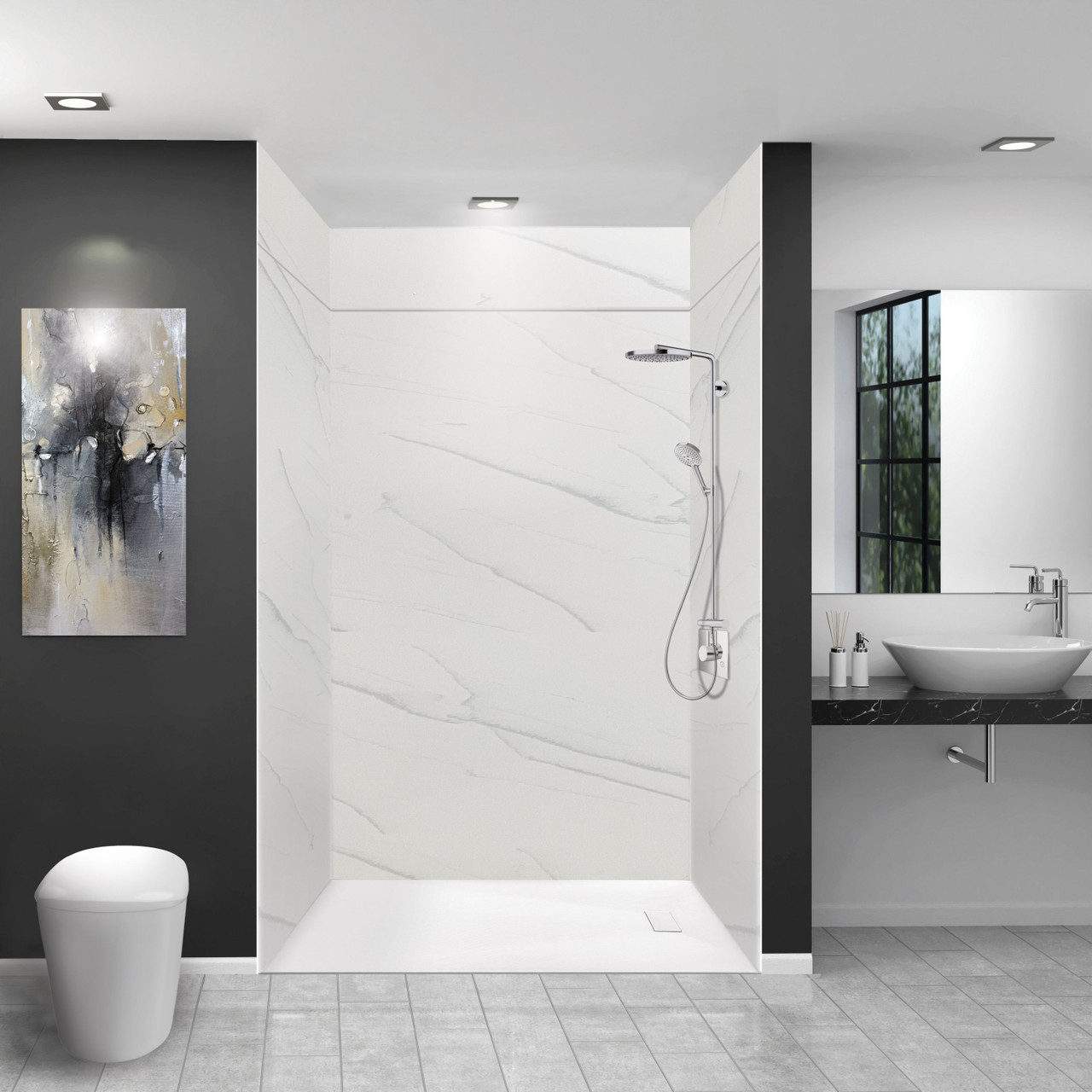 Transolid LWKX60368412-181 Lusso 60-in x 36-in x 84/12-in Glue To Wall 6-Piece Transition Shower Wall Kit, Palladio White