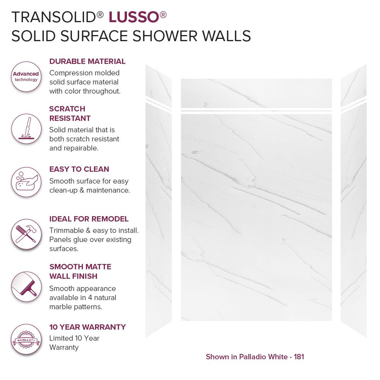 Transolid LWKX60368412-181 Lusso 60-in x 36-in x 84/12-in Glue To Wall 6-Piece Transition Shower Wall Kit, Palladio White