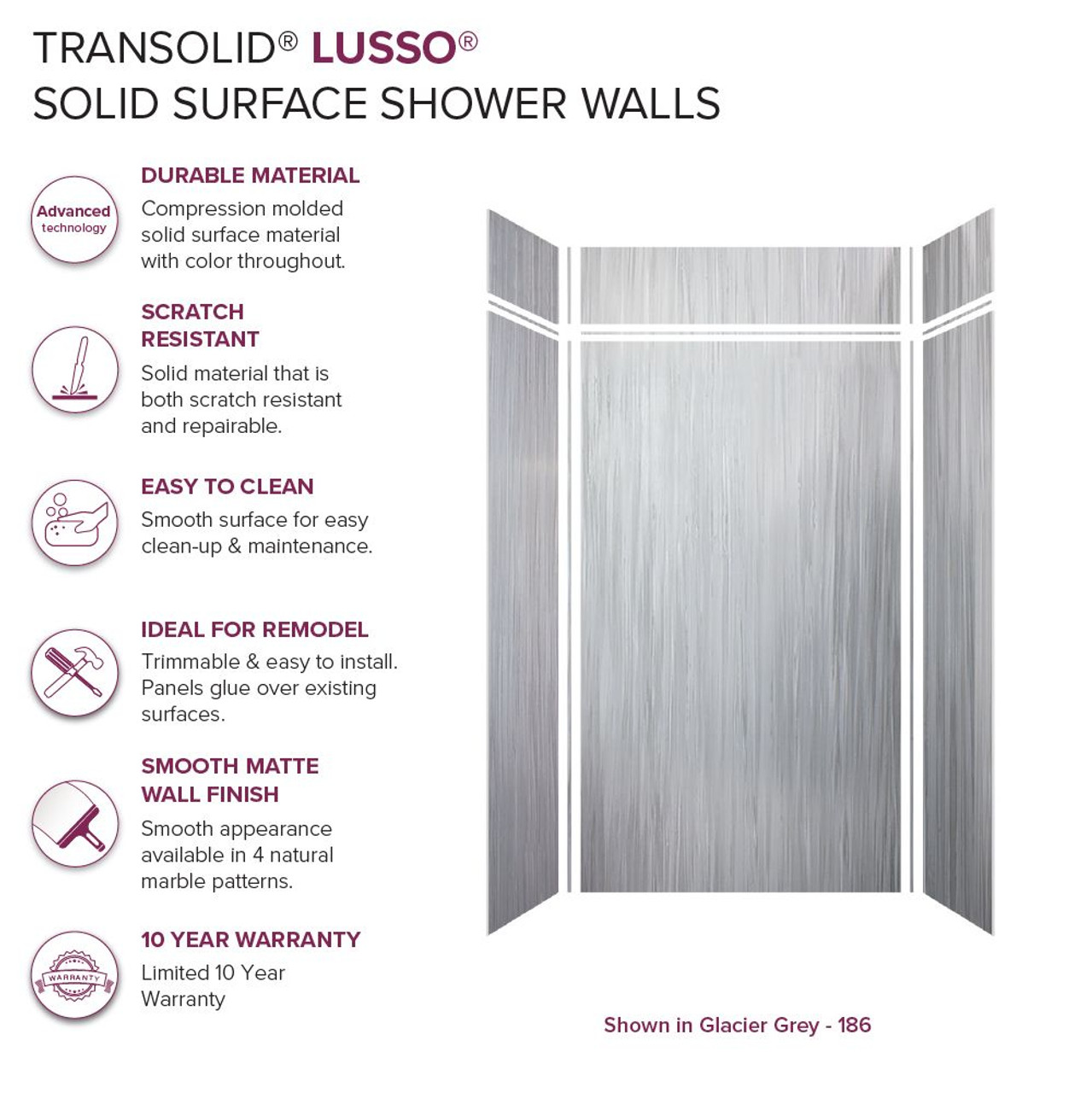 Transolid LWKX48368412-186 Lusso 48-in x 36-in x 84/12-in Glue To Wall 6-Piece Transition Shower Wall Kit, Glacier Grey