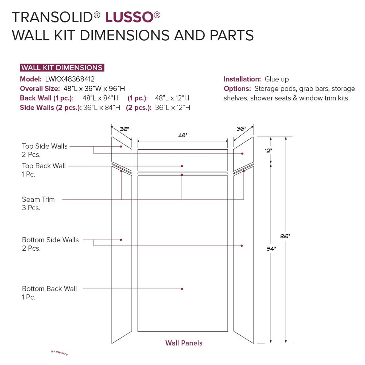 Transolid LWKX48368412-186 Lusso 48-in x 36-in x 84/12-in Glue To Wall 6-Piece Transition Shower Wall Kit, Glacier Grey