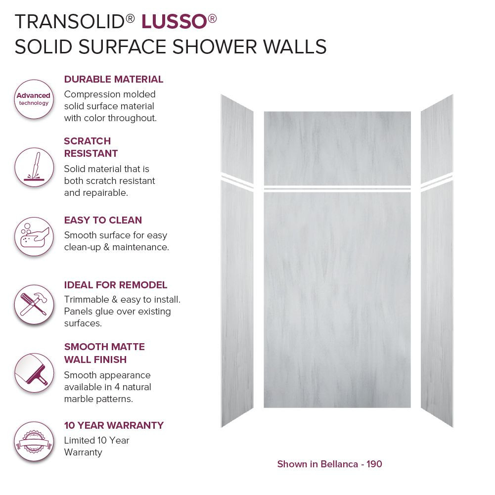 LWKX48367224-190 Lusso 48-in x 36-in x 72/24-in Glue To Wall 6-Piece Transition Shower Wall Kit, Bellanca